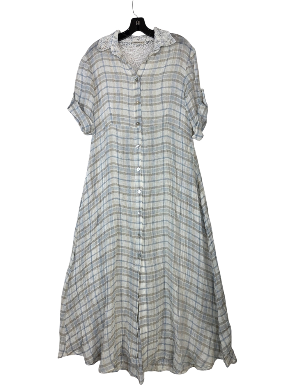 Mastro Moda Italian linen with crocheted lace back Plaid Maxi Shirt Dress